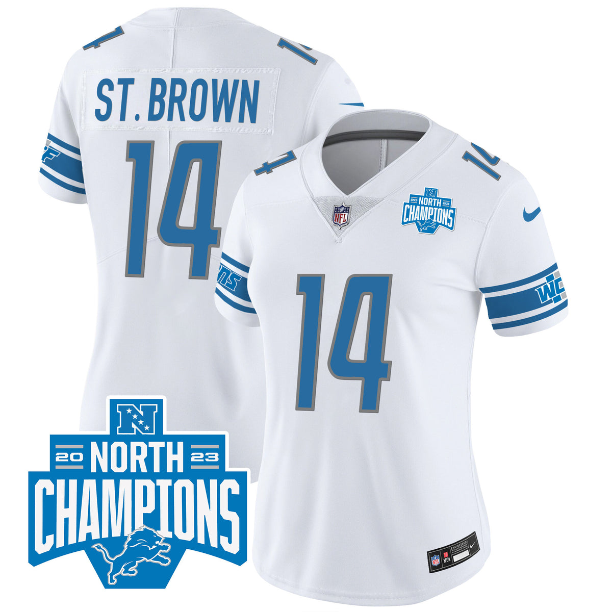 Women's Detroit Lions 2023 NFC North Division Champions Patch Vapor Jersey - All Stitched - White - St. Brown — view 1