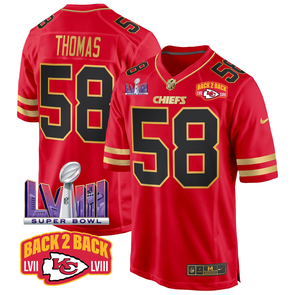Men's Chiefs Super Bowl LVIII & Back 2 Back Patch Game Jersey - All Stitched - Black Red - Derrick Thomas — view 1