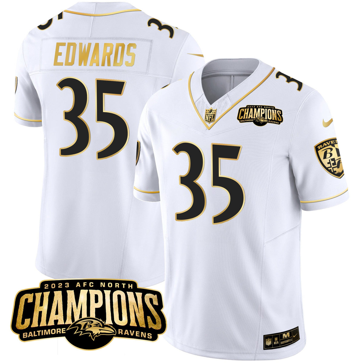Men's Ravens 2023 AFC North Champions Patch Gold Vapor Jersey - All Stitched - White Gold - Gus Edwards — view 1