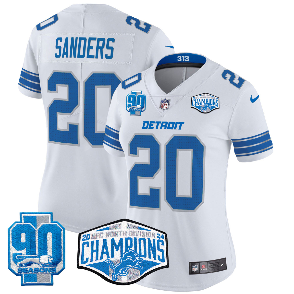 Women's Detroit Lions 2024 NFC North Division Champions Patch Vapor Limited Jersey - All Stitched - White - Barry Sanders — view 1