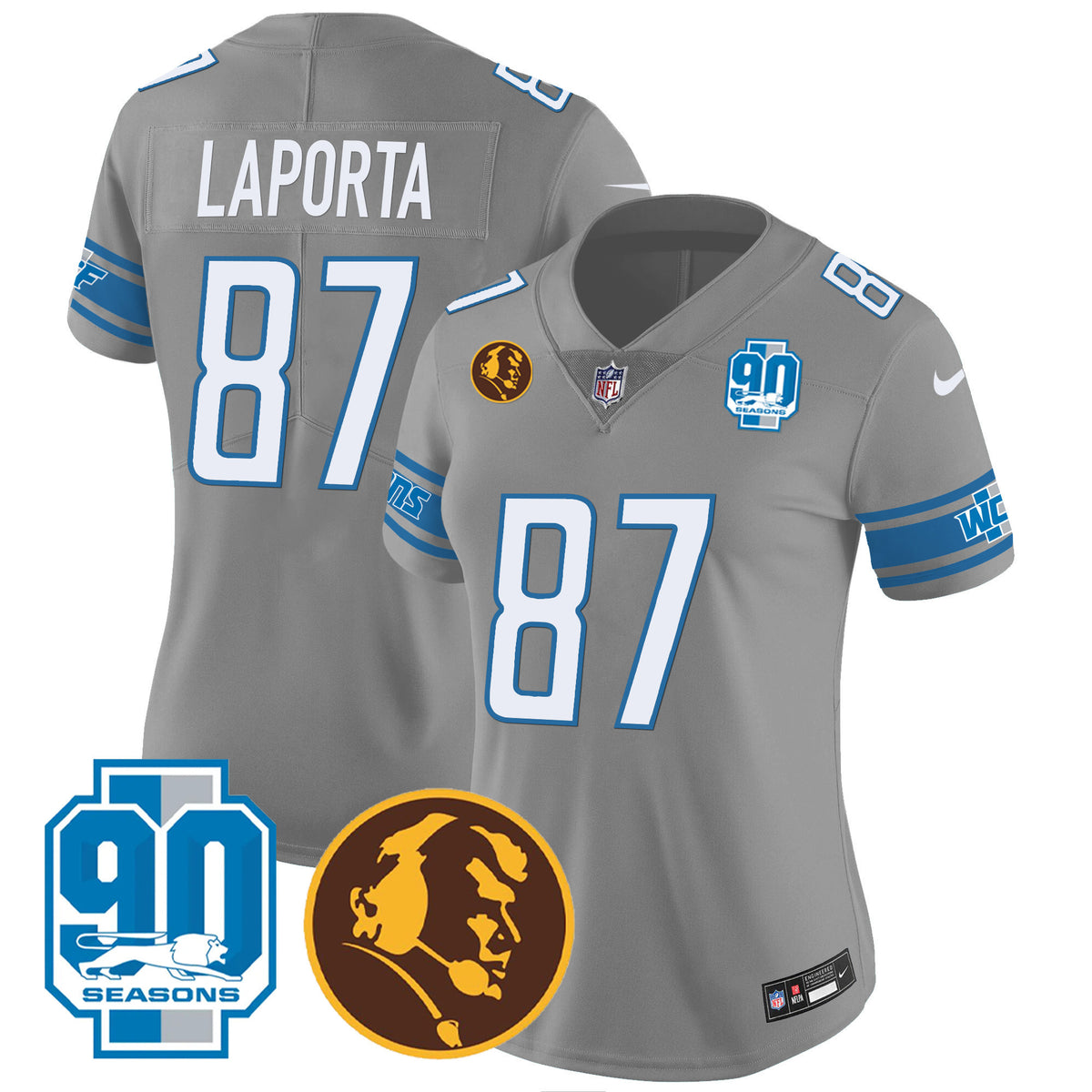 Women's Detroit Lions 90th & John Madden Patch Jersey - All Stitched - Gray - Sam Laporta — view 1
