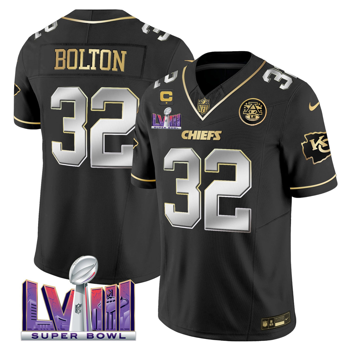 Men's Chiefs Super Bowl LVIII Patch Vapor Jersey V4 - All Stitched - Black Limited - Nick Bolton — view 1