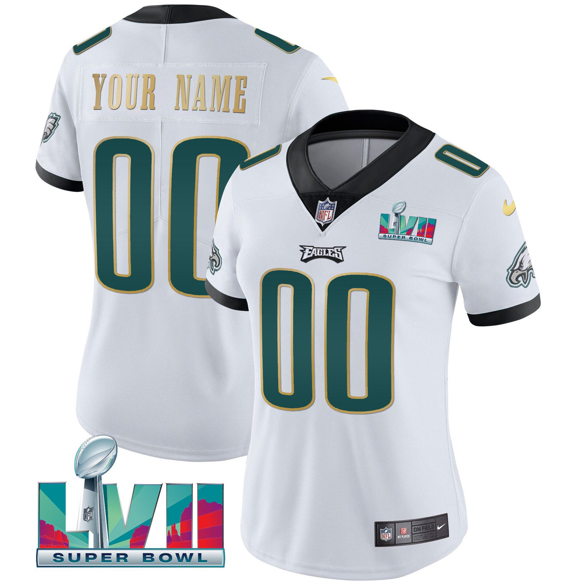 Eagles Super Bowl Custom Patch Vapor Jersey - All Stitched - White Gold Trim — view 1