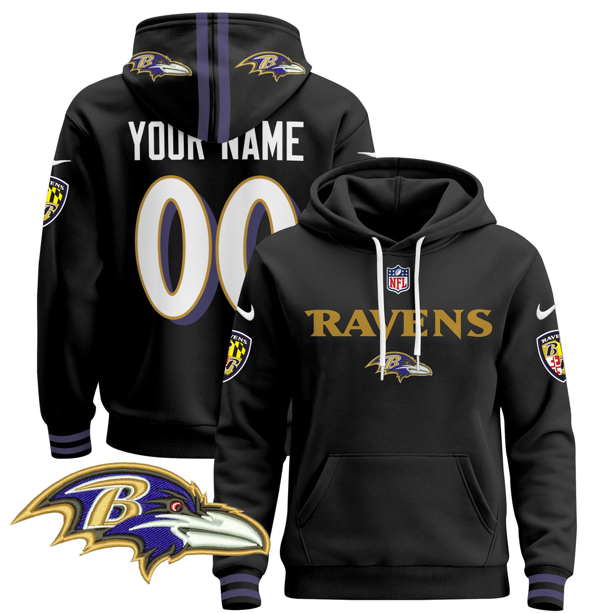 Baltimore Ravens 2024 Custom Pullover Hoodie V3 - All Stitched - Black — view 1
