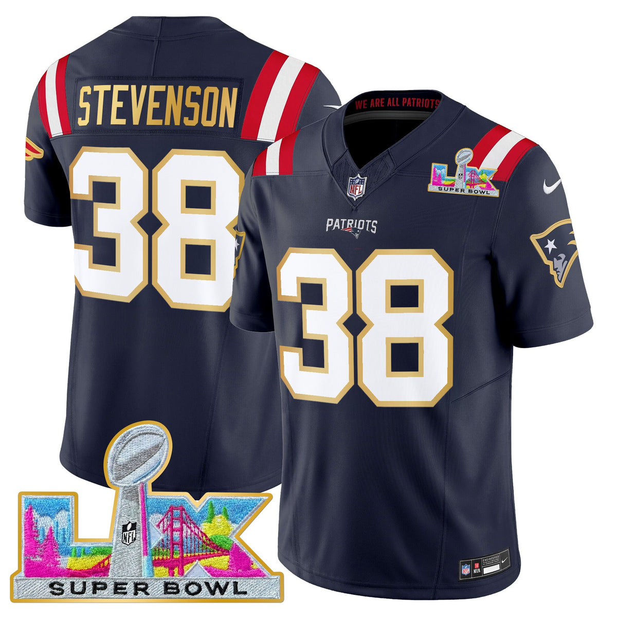 Men's New England Patriots Super Bowl LX Gold Trim Vapor Limited Jersey - All Stitched - Navy - Rhamondre Stevenson — view 1