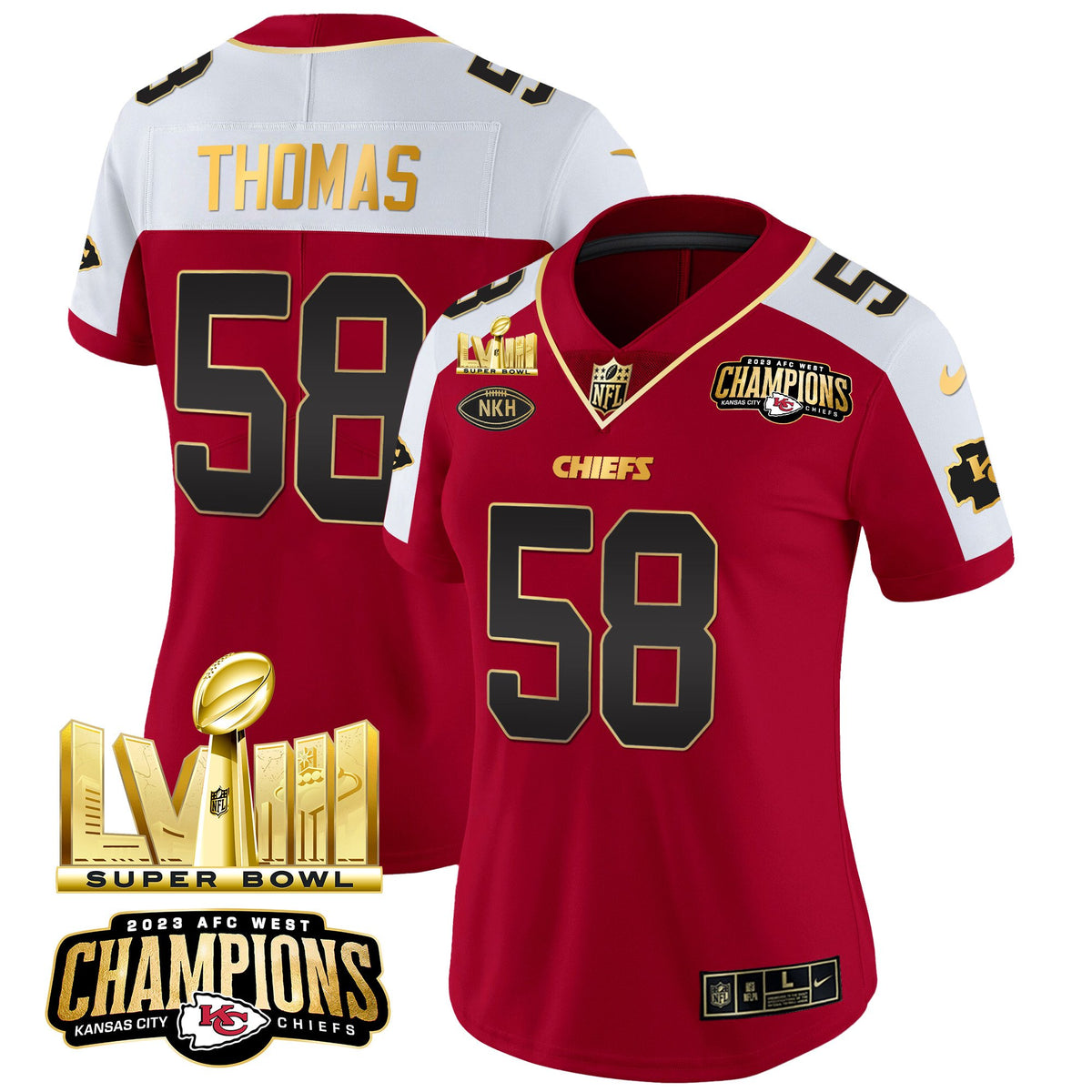 Women's Chiefs AFC West Champions & Super Bowl LVIII Gold Patch Vapor Jersey - All Stitched - Red Alternate - Derrick Thomas — view 1