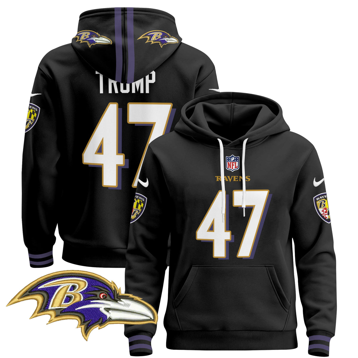 Men's Baltimore Ravens 2024 Pullover Hoodie V4 - All Stitched - Black - Donald Trump — view 1