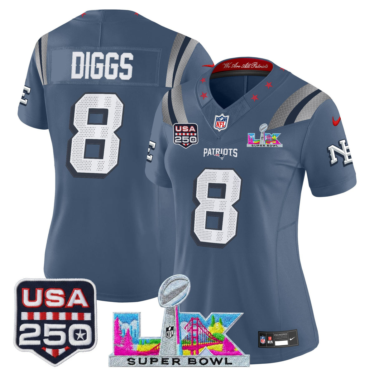 Women's New England Patriots Super Bowl LX & United States 250th Anniversary Patch Vapor Limited Jersey - All Stitched - Storm Blue - Stefon Diggs — view 1
