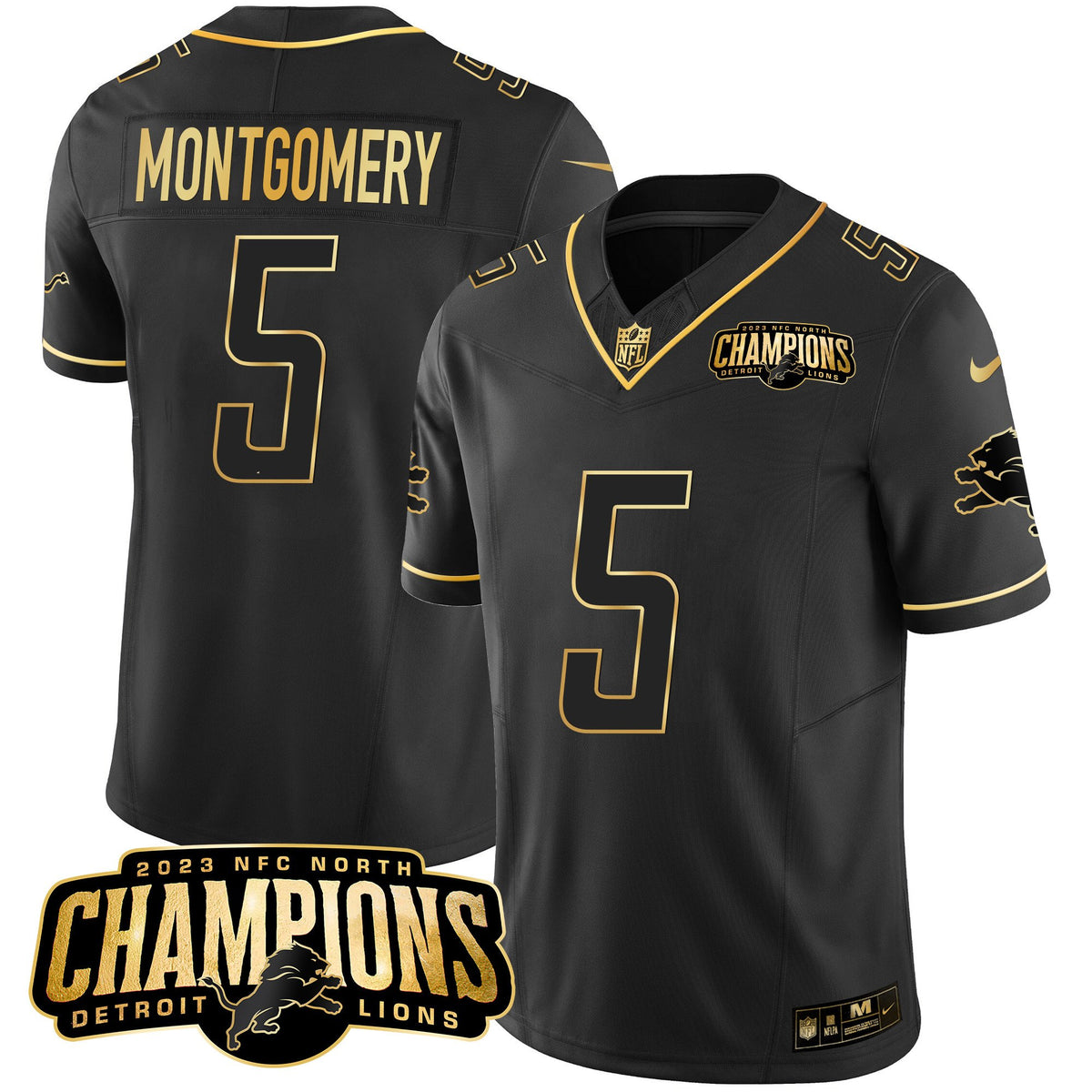 Men's Detroit Lions 2023 NFC North Champions Patch Gold Vapor Jersey - All Stitched - Black Gold - David Montgomery — view 1