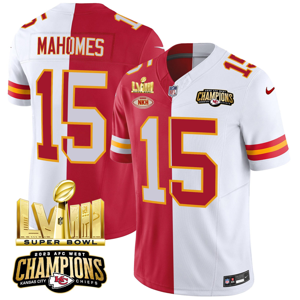 Men's Chiefs AFC West Champions & Super Bowl LVIII Gold Patch Vapor Jersey V2 - All Stitched - Split - Patrick Mahomes — view 1