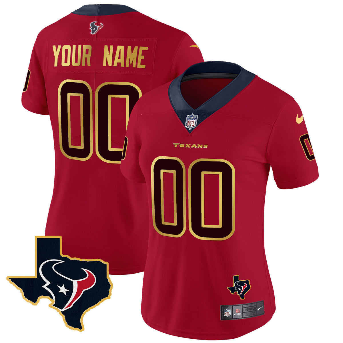 Houston Texans Gold Trim Vapor Custom Jersey - All Stitched - Red — view 1