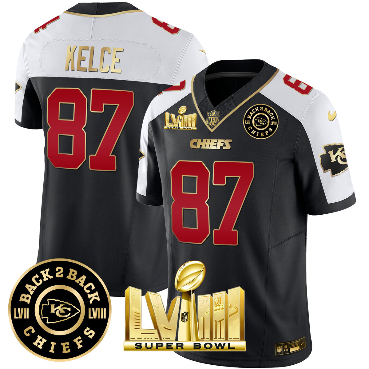 Men's Chiefs Super Bowl LVIII & Back 2 Back Patch Vapor Jersey V3 - All Stitched - Black Alternate - Travis Kelce — view 1