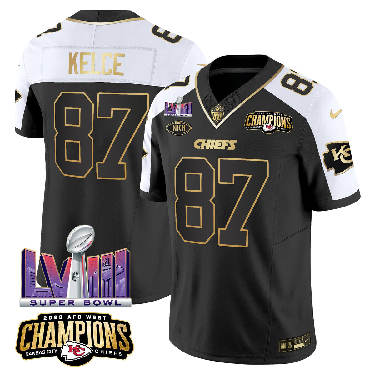 Men's Chiefs AFC West Champions & Super Bowl LVIII Patch Vapor Jersey V2 - All Stitched - Alternate - Travis Kelce — view 1