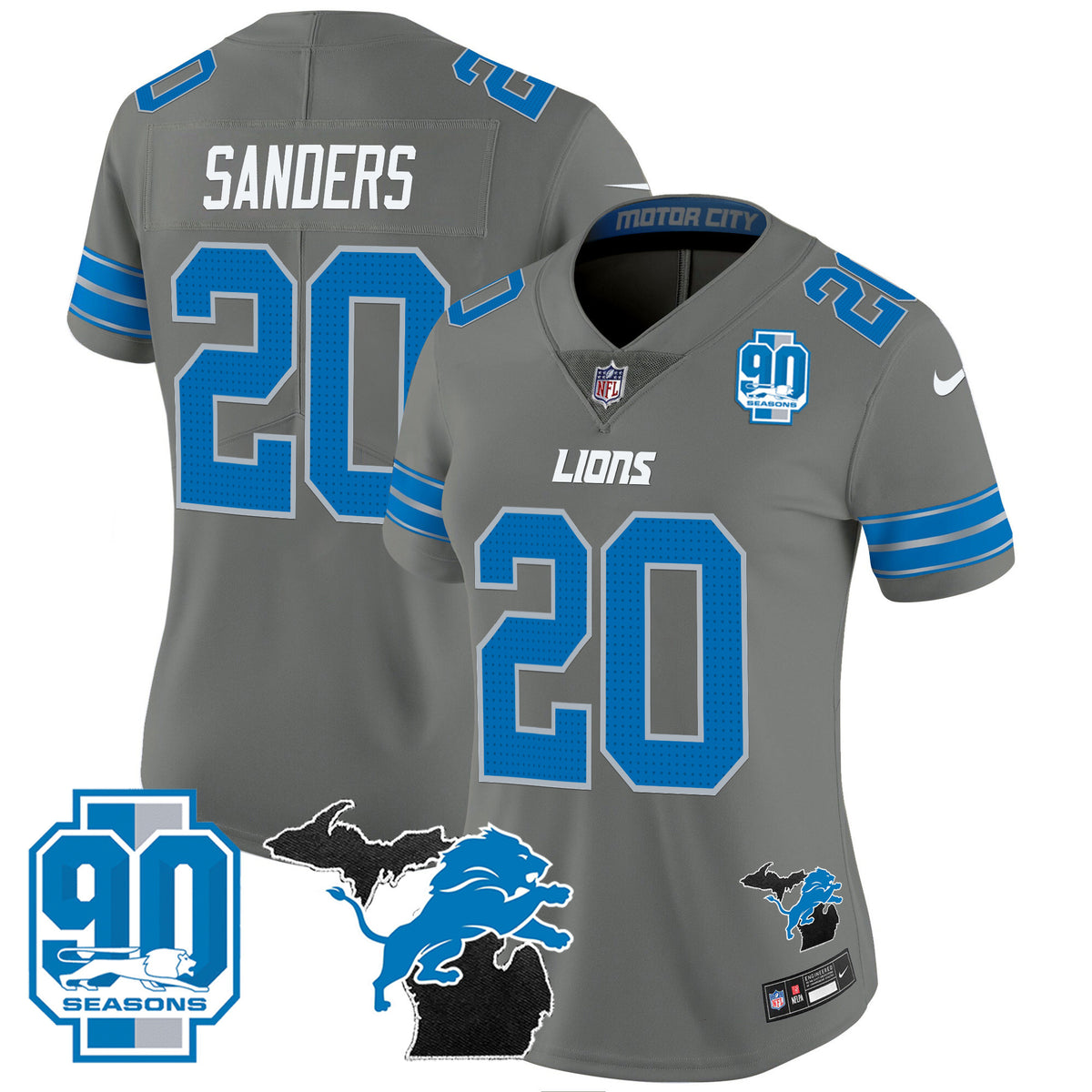 Women's Detroit Lions 2024 Michigan & 90th Year Patch Vapor Jersey - All Stitched - Gray - Barry Sanders — view 1