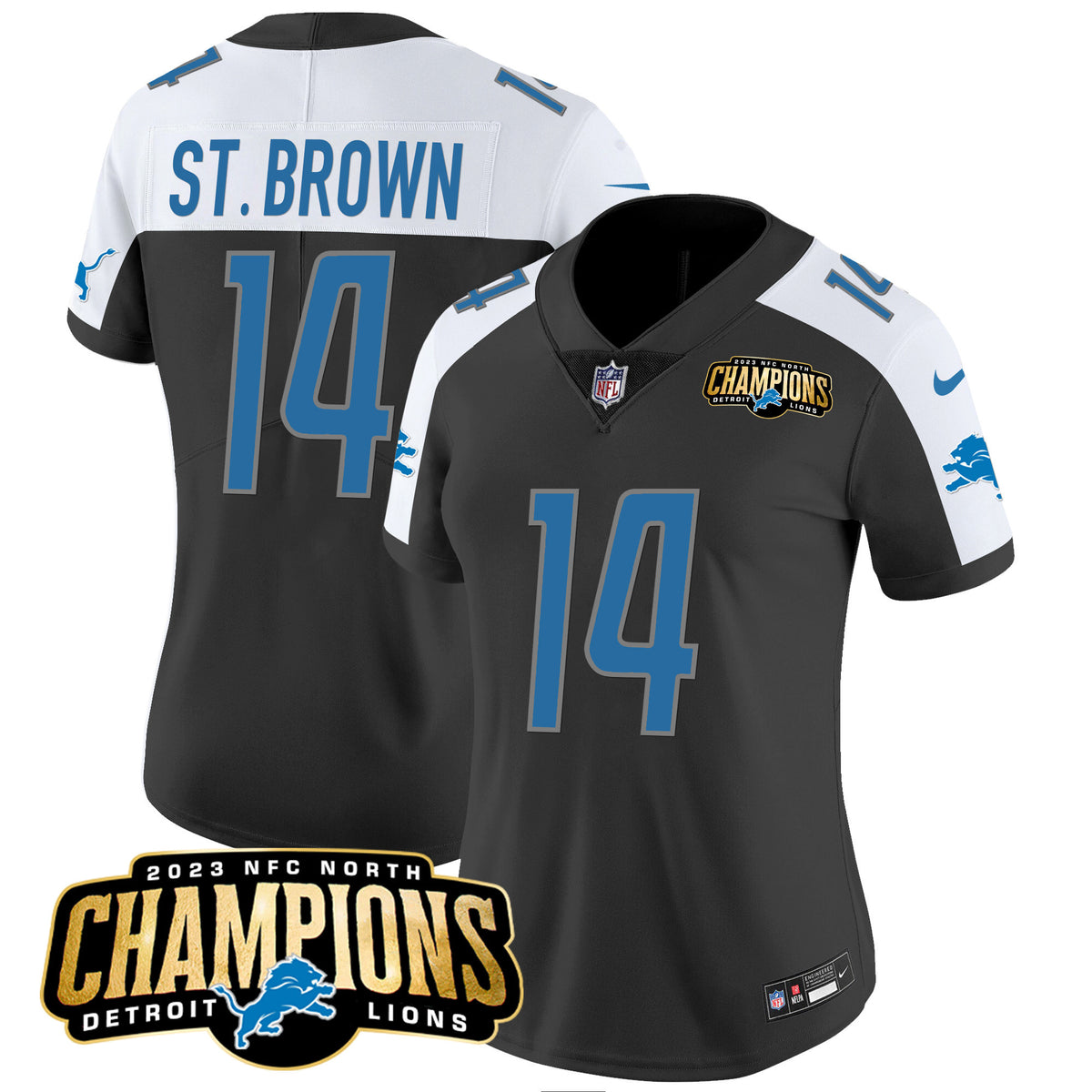 Women's Detroit Lions 2023 NFC North Champions Patch Vapor Jersey - All Stitched - Black Alternate - St. Brown — view 1