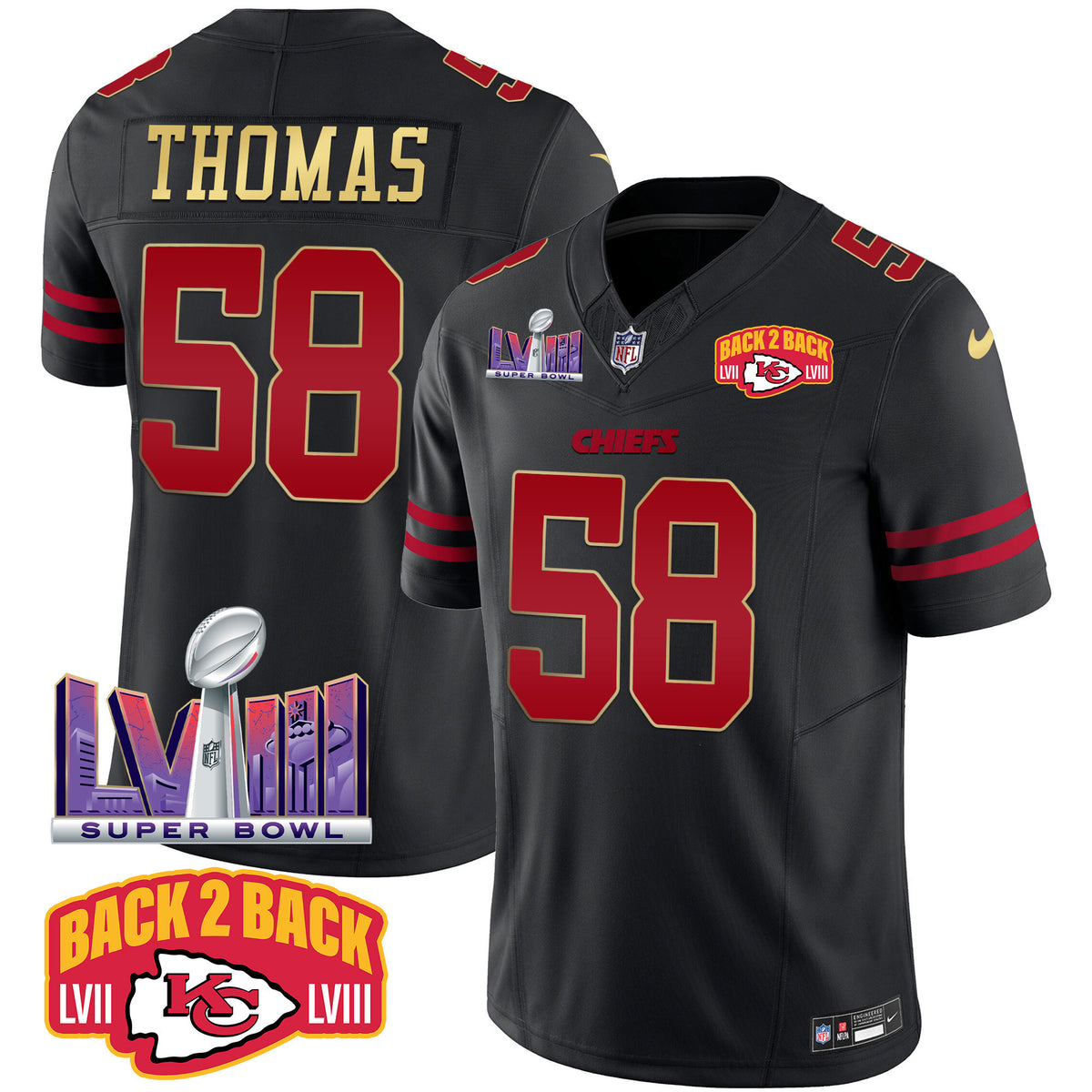 Men's Chiefs Super Bowl LVIII & Back 2 Back Patch Vapor Jersey - All Stitched - Gold Trim - Derrick Thomas — view 1