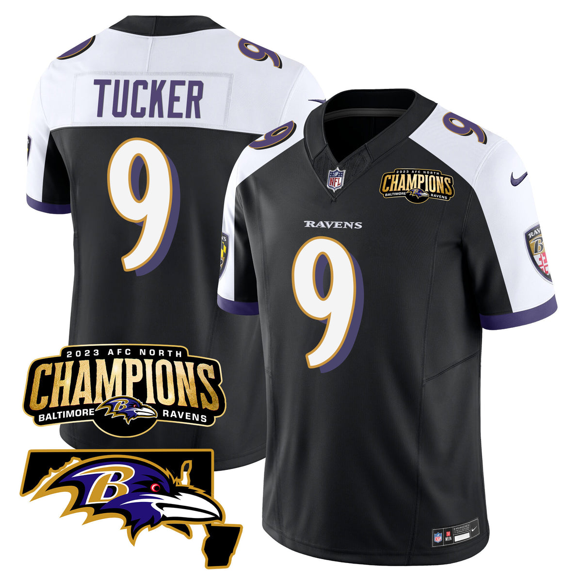 Men's Ravens 2023 AFC North Champions & Maryland Patch Vapor Jersey - All Stitched - Black Alternate - Justin Tucker — view 1