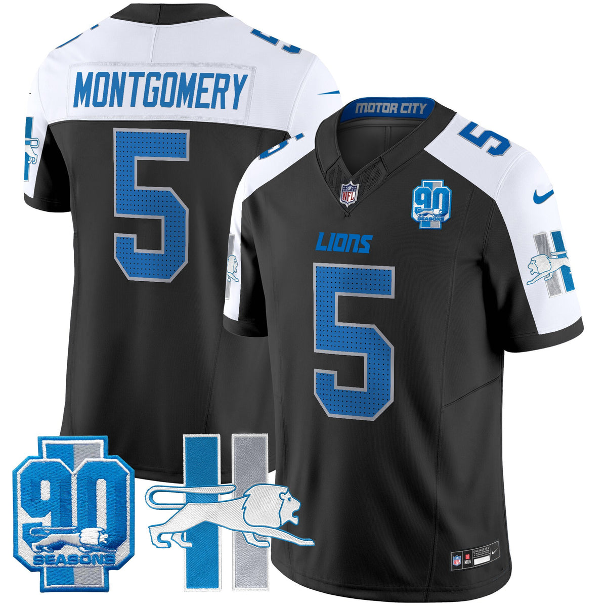Men's Detroit Lions Throwback 90th Year Patch Vapor Limited Jersey - All Stitched - Black Alternate - David Montgomery — view 1