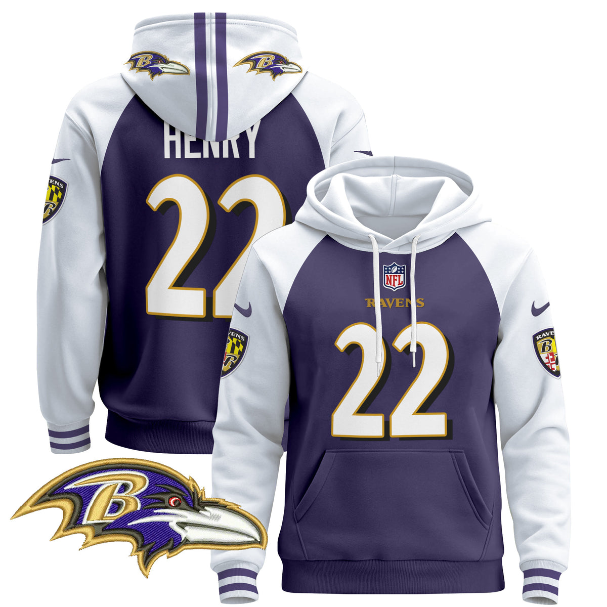 Men's Baltimore Ravens 2024 Pullover Hoodie V4 - All Stitched - Purple Alternate - Derrick Henry — view 1
