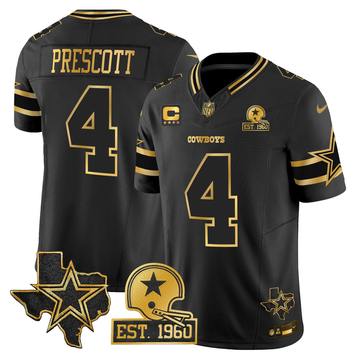 Men's Dallas Cowboys Est. 1960 & Texas Patch Gold Vapor Limited Jersey - All Stitched - Black Gold - Dak Prescott — view 1