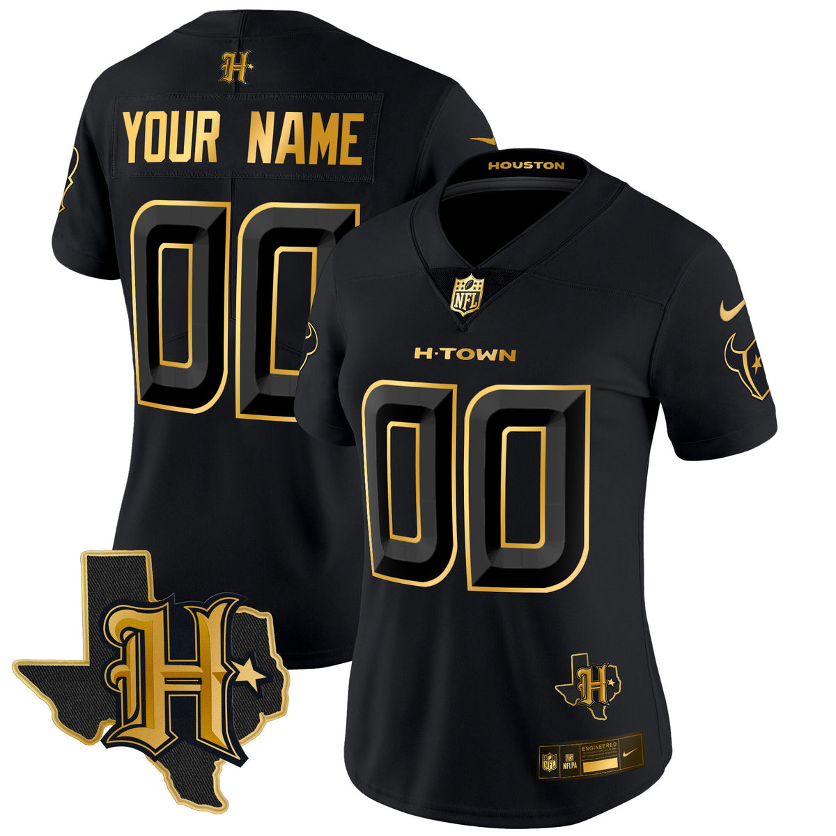 Houston Texans 2024 Texas Patch Gold Vapor Limited Custom Jersey - All Stitched - Black Gold — view 1