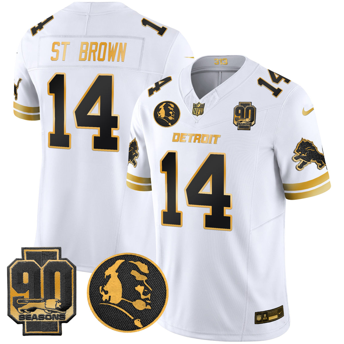 Men's Detroit Lions 2024 90th & John Madden Patch Gold Vapor Limited Jersey V2 - All Stitched - White Gold - St. Brown — view 1