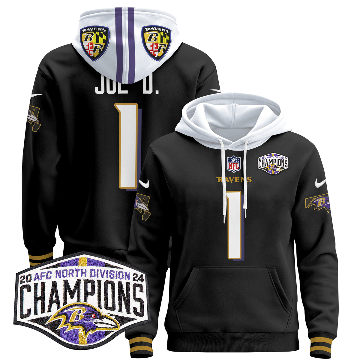 Men's Baltimore Ravens 2024 AFC North Division Champions Patch Pullover Hoodie V2 - All Stitched - Black - Joe D — view 1