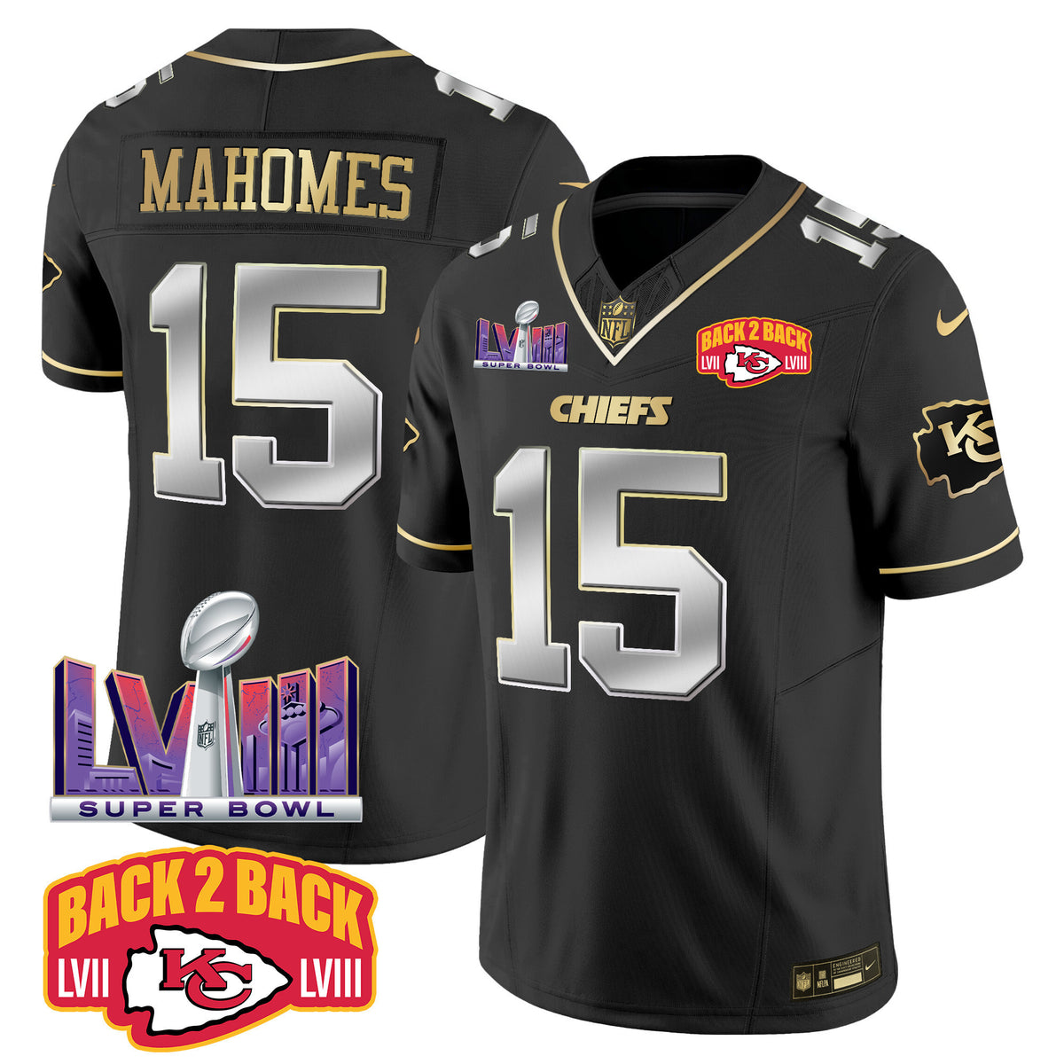 Men's Chiefs Super Bowl LVIII & Back 2 Back Patch Vapor Jersey V2 - All Stitched - Black Limited - Patrick Mahomes — view 1
