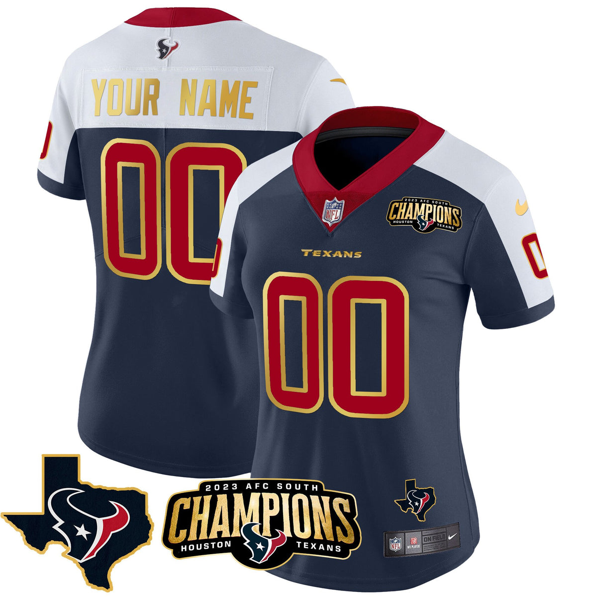 Houston Texans 2023 AFC South Champions Patch Gold Trim Vapor Custom Jersey - All Stitched - Alternate — view 1