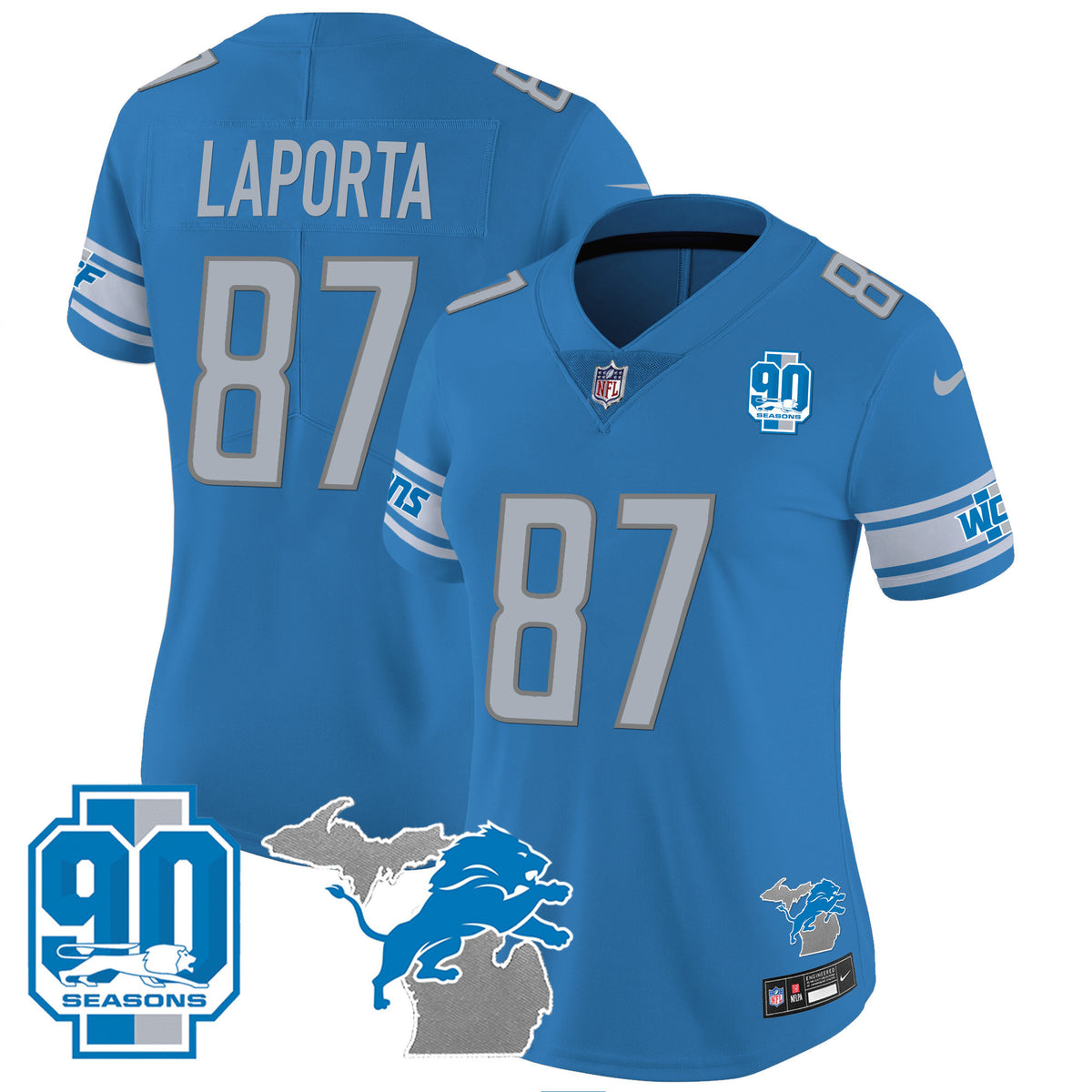 Women's Detroit Lions 90th Year & Michigan Patch Vapor Jersey - All Stitched - Blue - Sam Laporta — view 1