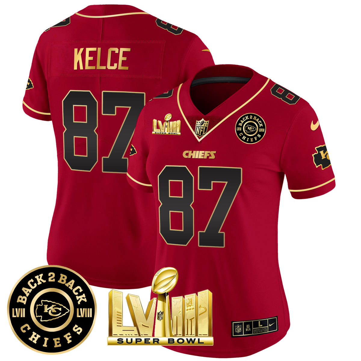 Women's Chiefs Super Bowl LVIII & Back 2 Back Patch Vapor Jersey V3 - All Stitched - Red Special - Travis Kelce — view 1