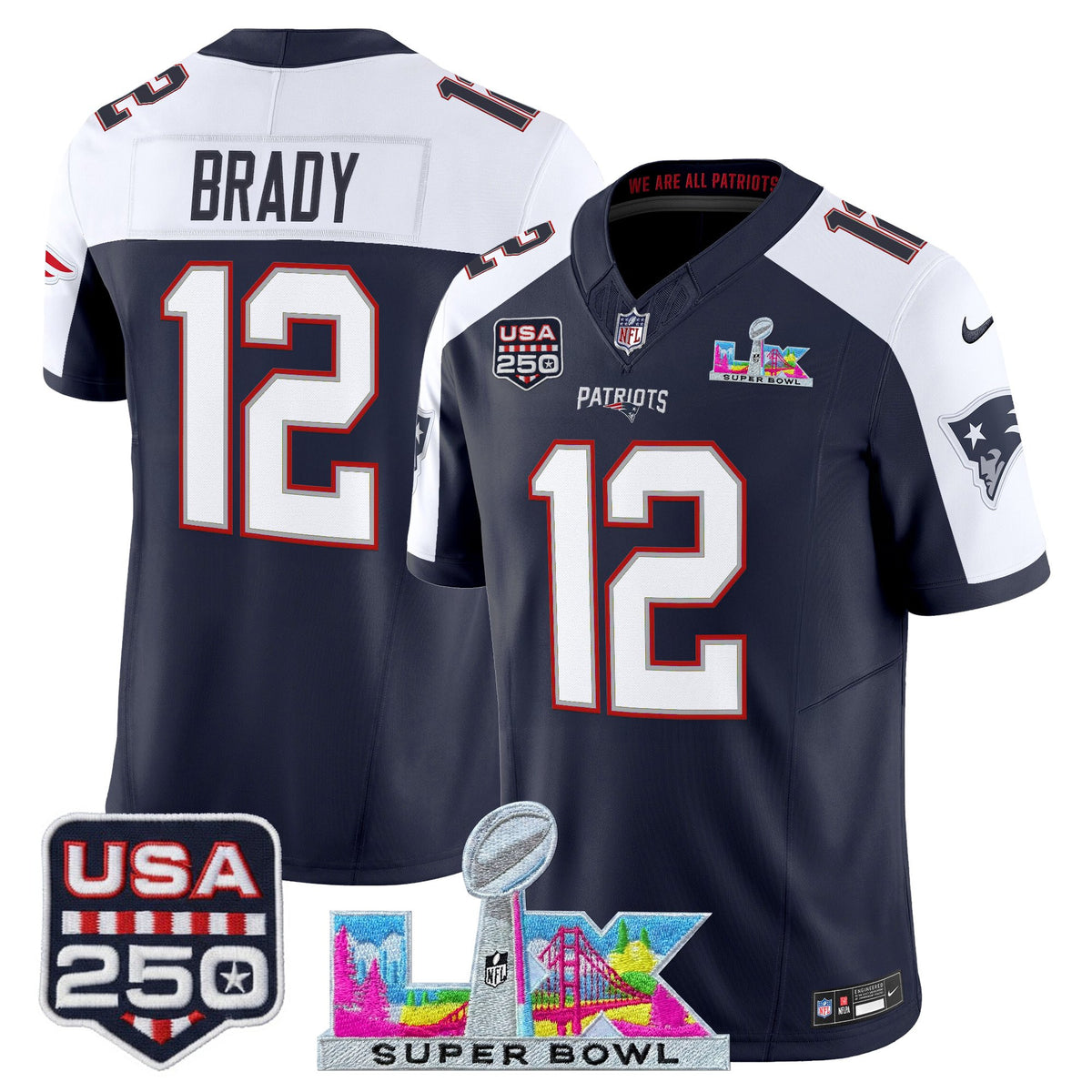Men's New England Patriots Super Bowl LX & United States 250th Anniversary Patch Vapor Limited Jersey - All Stitched - Navy Alternate - Tom Brady — view 1