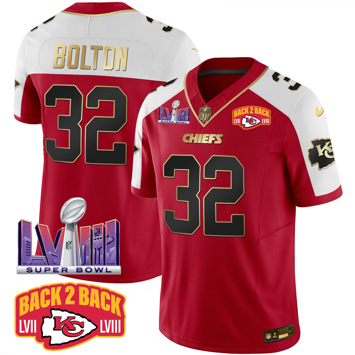 Men's Chiefs Super Bowl LVIII & Back 2 Back Patch Vapor Jersey - All Stitched - Red Alternate - Nick Bolton — view 1
