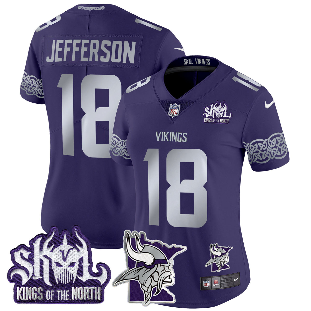 Women's Minnesota Vikings 2024 Winter Warrior Skol Patch Vapor Limited Jersey V2 - All Stitched - Purple - Justin Jefferson — view 1