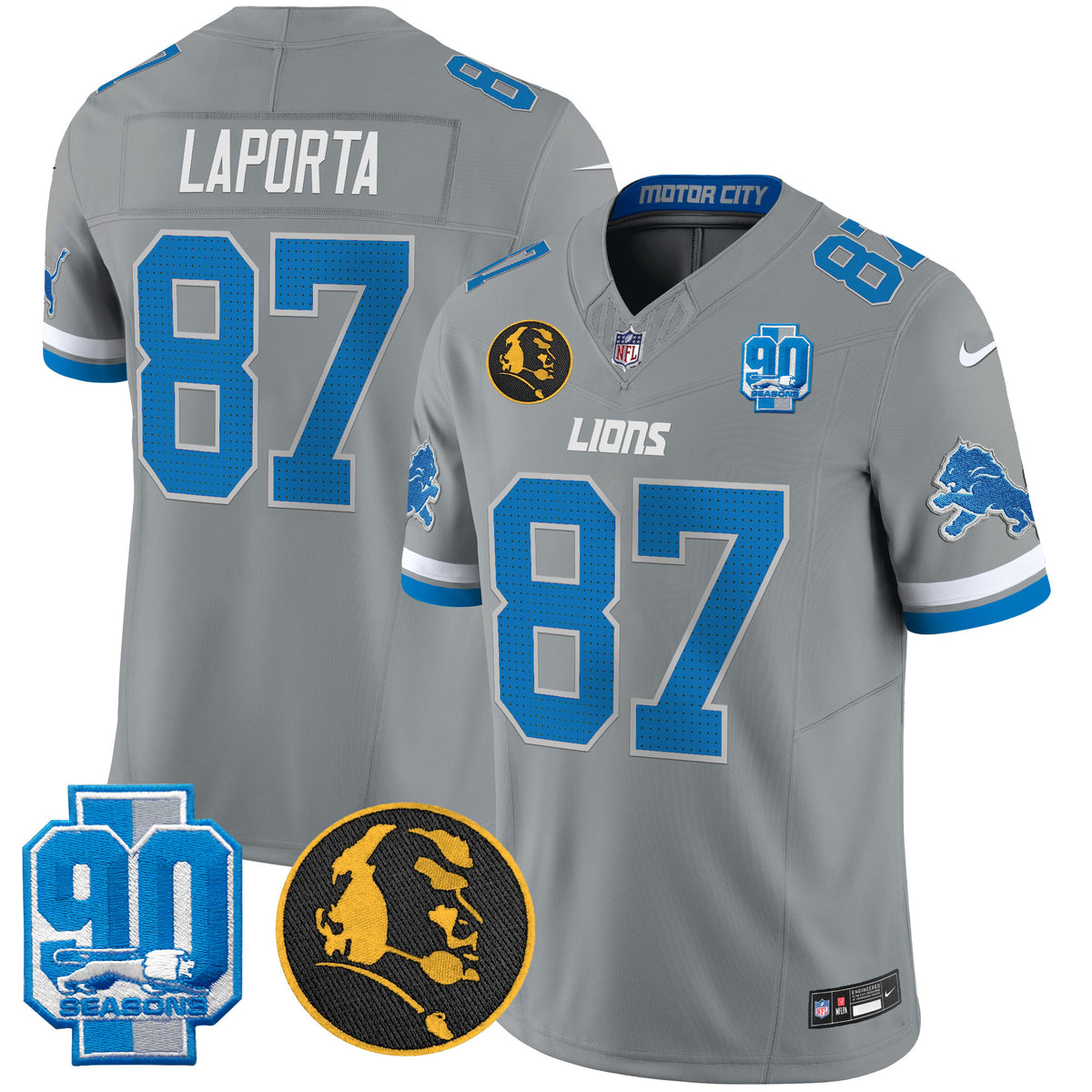 Men's Detroit Lions 2024 90th & John Madden Patch Vapor Limited Jersey V2 - All Stitched - Gray - Sam Laporta — view 1