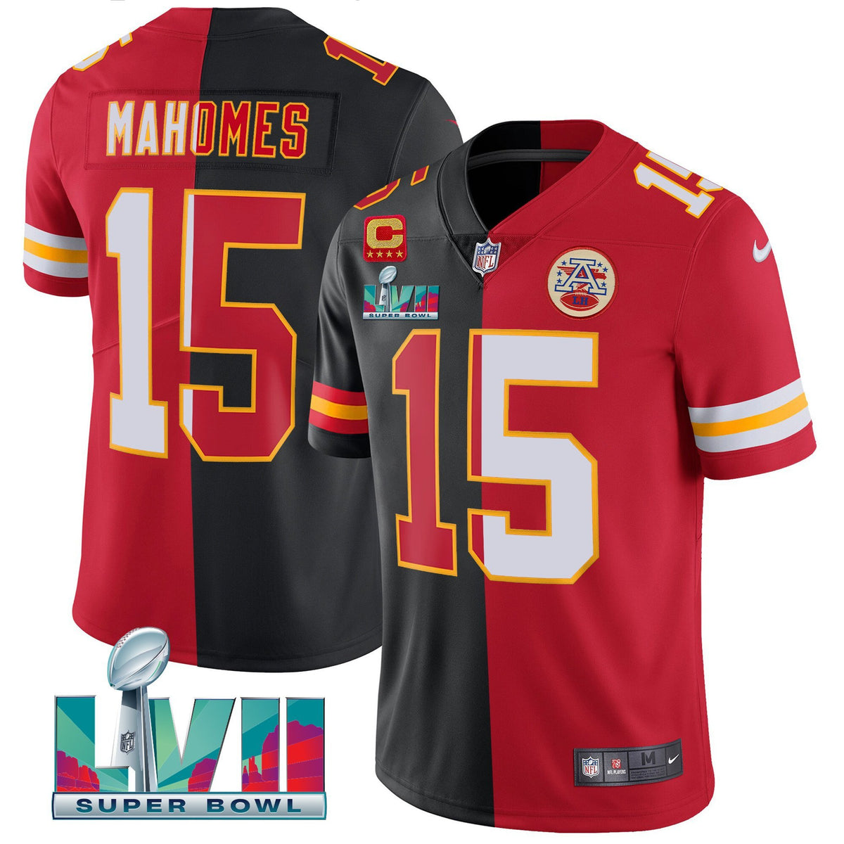 Men's Chiefs Super Bowl LVII Vapor Player Jersey - All Stitched - Split Red-Black - Patrick Mahomes — view 1