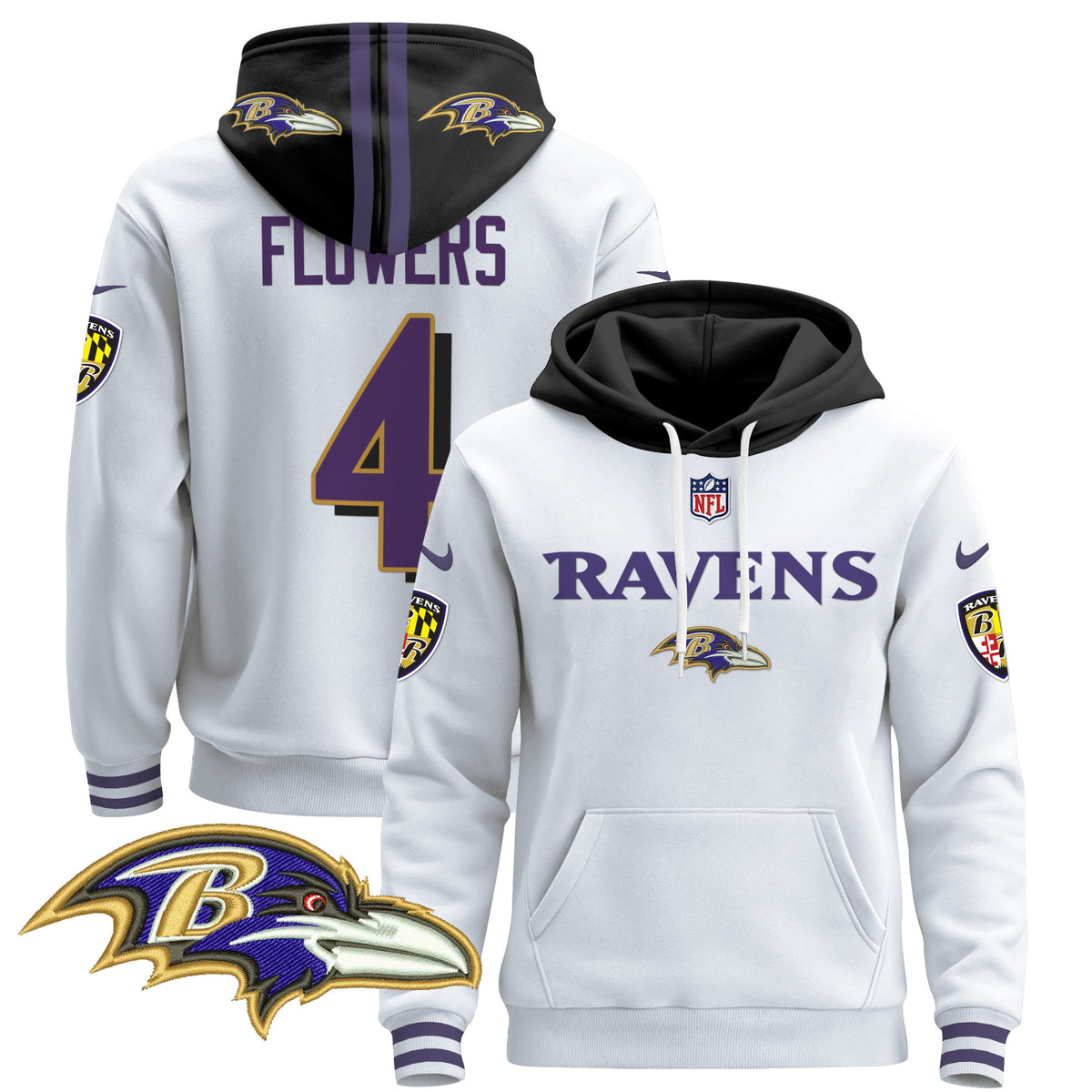 Men's Baltimore Ravens 2024 Pullover Hoodie V3 - All Stitched - White - Zay Flowers — view 1