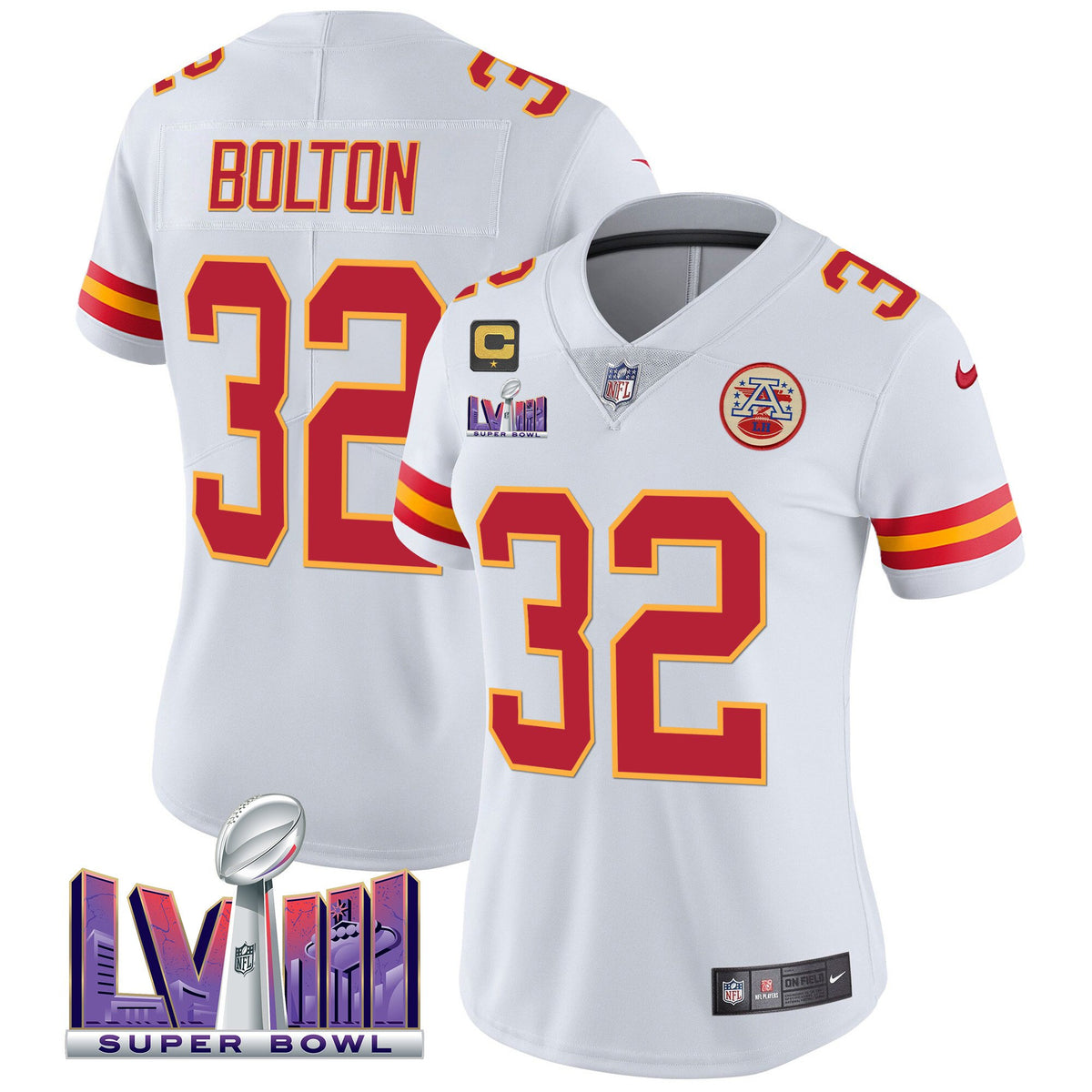 Women's Chiefs Super Bowl LVIII Patch Vapor Jersey - All Stitched - White - Nick Bolton — view 1