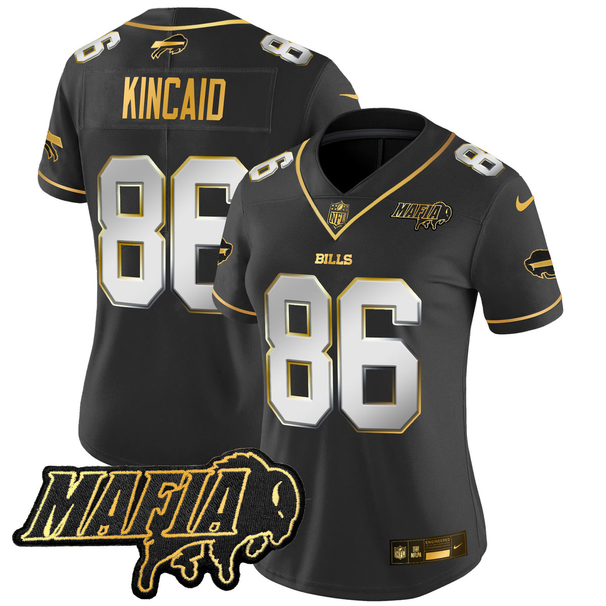 Women's Buffalo Bills 2025 Bills Mafia Patch Gold Vapor Limited Jersey - All Stitched - Black Limited - Dalton Kincaid — view 1