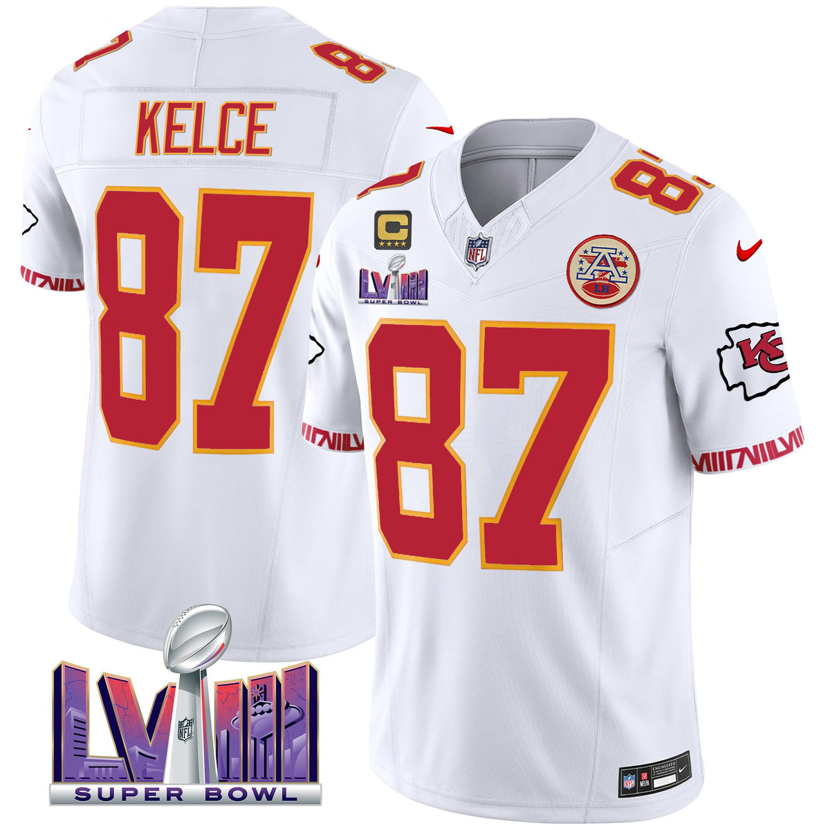 Men's Chiefs Super Bowl LVIII Pattern Vapor Jersey V2 - All Stitched - White - Travis Kelce — view 1