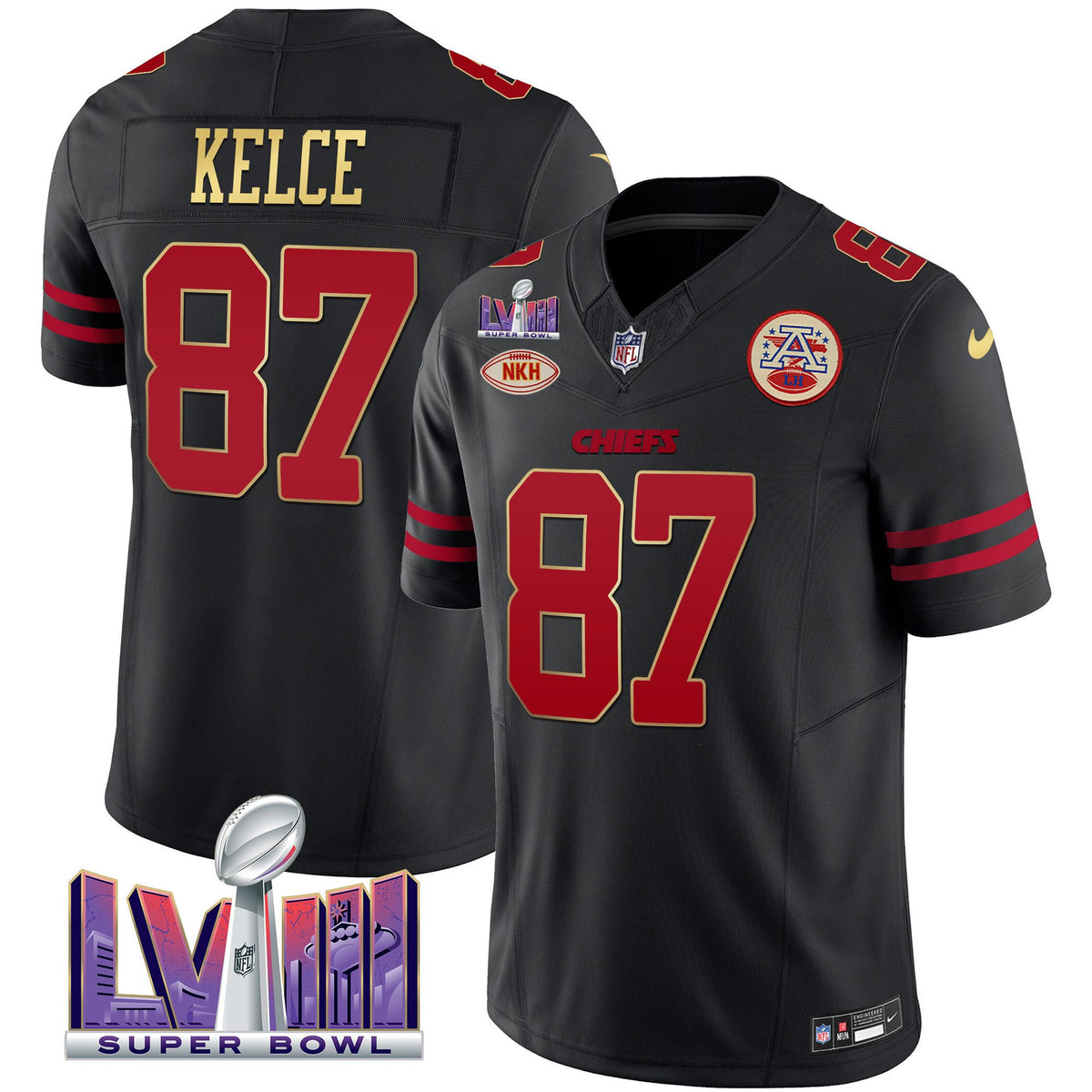 Men's Chiefs Super Bowl LVIII Patch Vapor Jersey V2 - All Stitched - Gold Trim - Travis Kelce — view 1