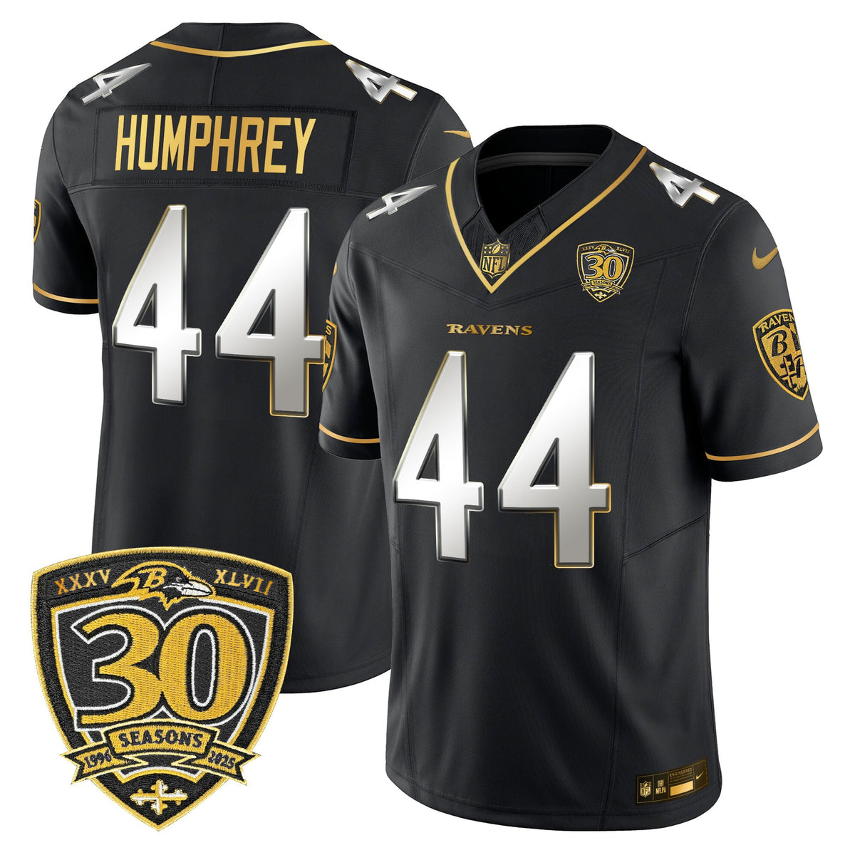 Men's Baltimore Ravens 2025 Gold Vapor Limited Jersey - 30th Anniversary Patch - All Stitched - Black Limited - Marlon Humphrey — view 1