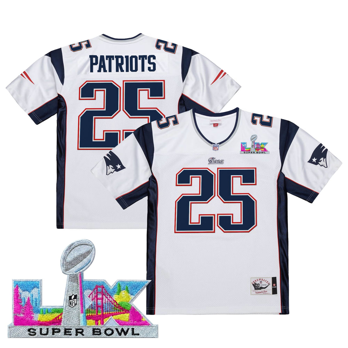 Men's New England Patriots Super Bowl LX Throwback Jersey - All Stitched - White - #25 Patriots — view 1