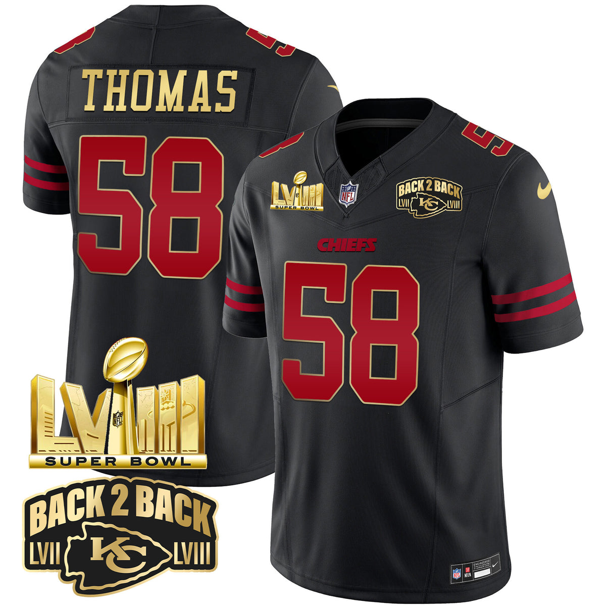 Men's Chiefs Super Bowl LVIII & Back 2 Back Gold Patch Vapor Jersey - All Stitched - Gold Trim - Derrick Thomas — view 1
