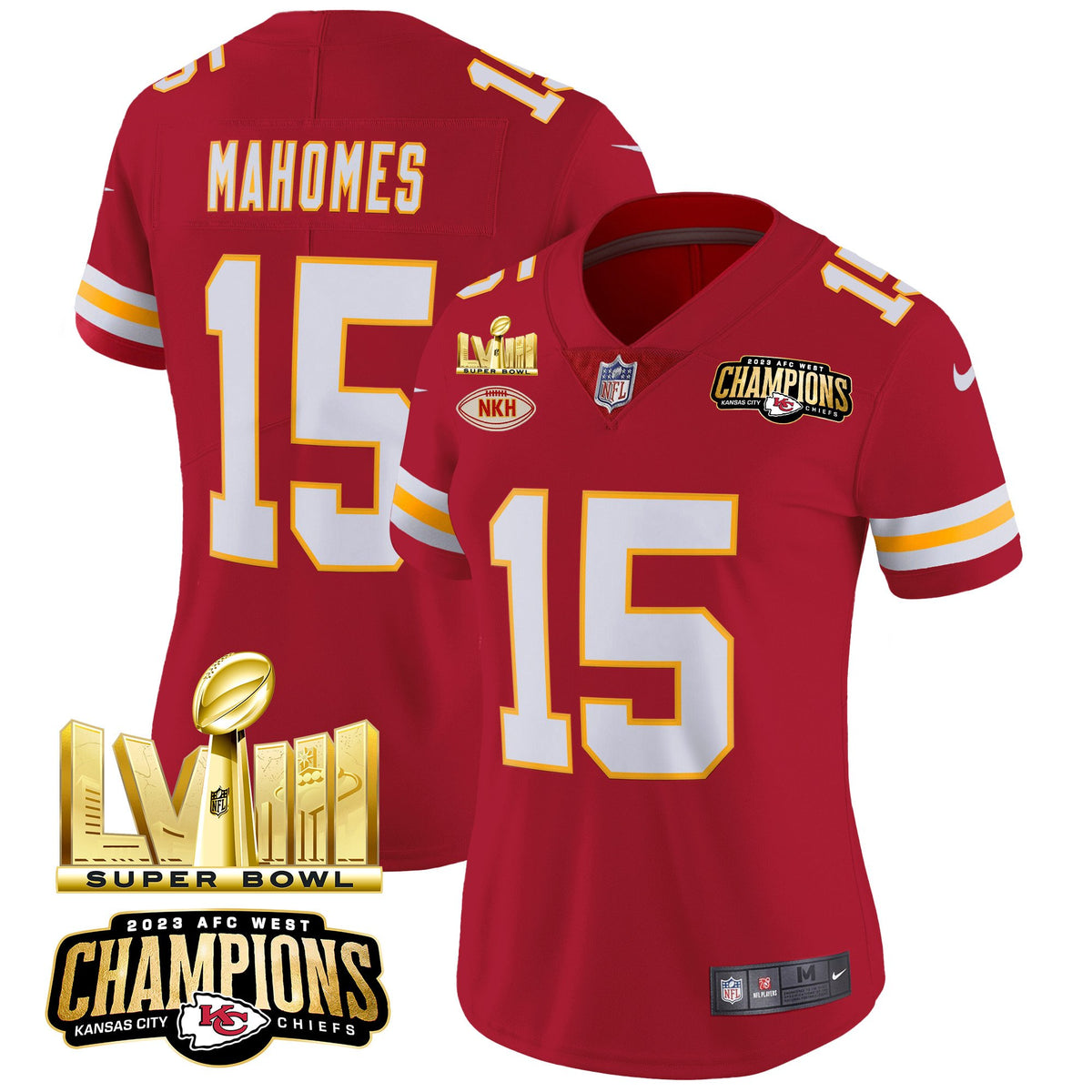 Women's Chiefs AFC West Champions & Super Bowl LVIII Gold Patch Vapor Jersey - All Stitched - Red - Patrick Mahomes — view 1