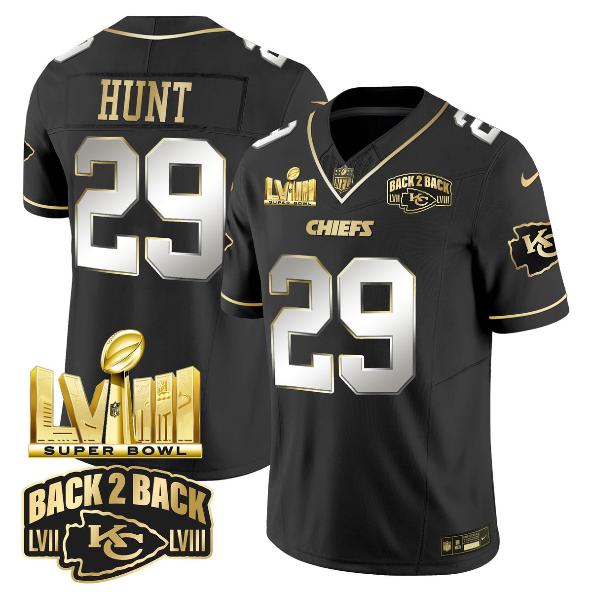 Men's Chiefs Super Bowl LVIII & Back 2 Back Gold Patch Vapor Jersey V2 - All Stitched - Black Limited - Kareem Hunt — view 1