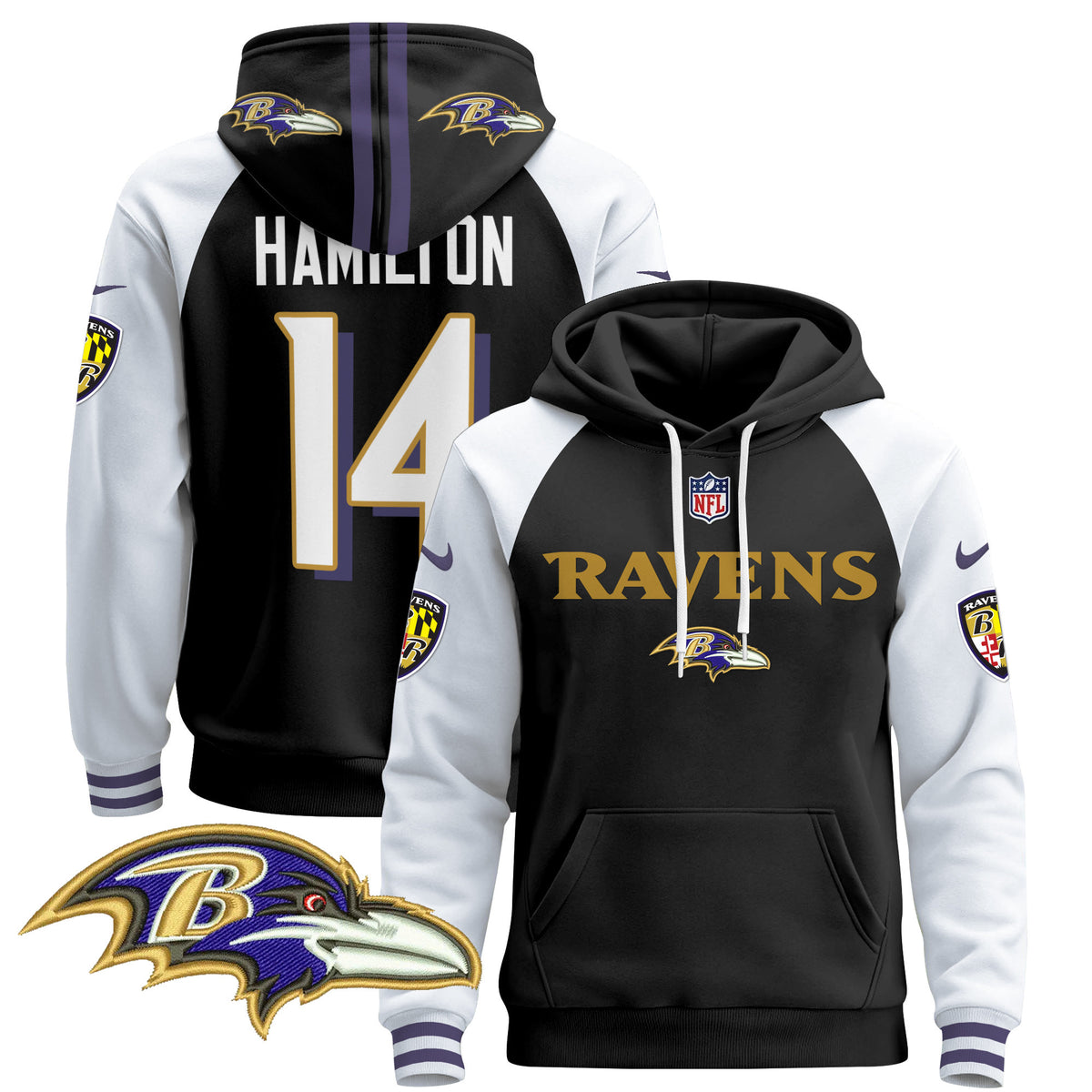 Men's Baltimore Ravens 2024 Pullover Hoodie V3 - All Stitched - Black Alternate - Kyle Hamilton — view 1