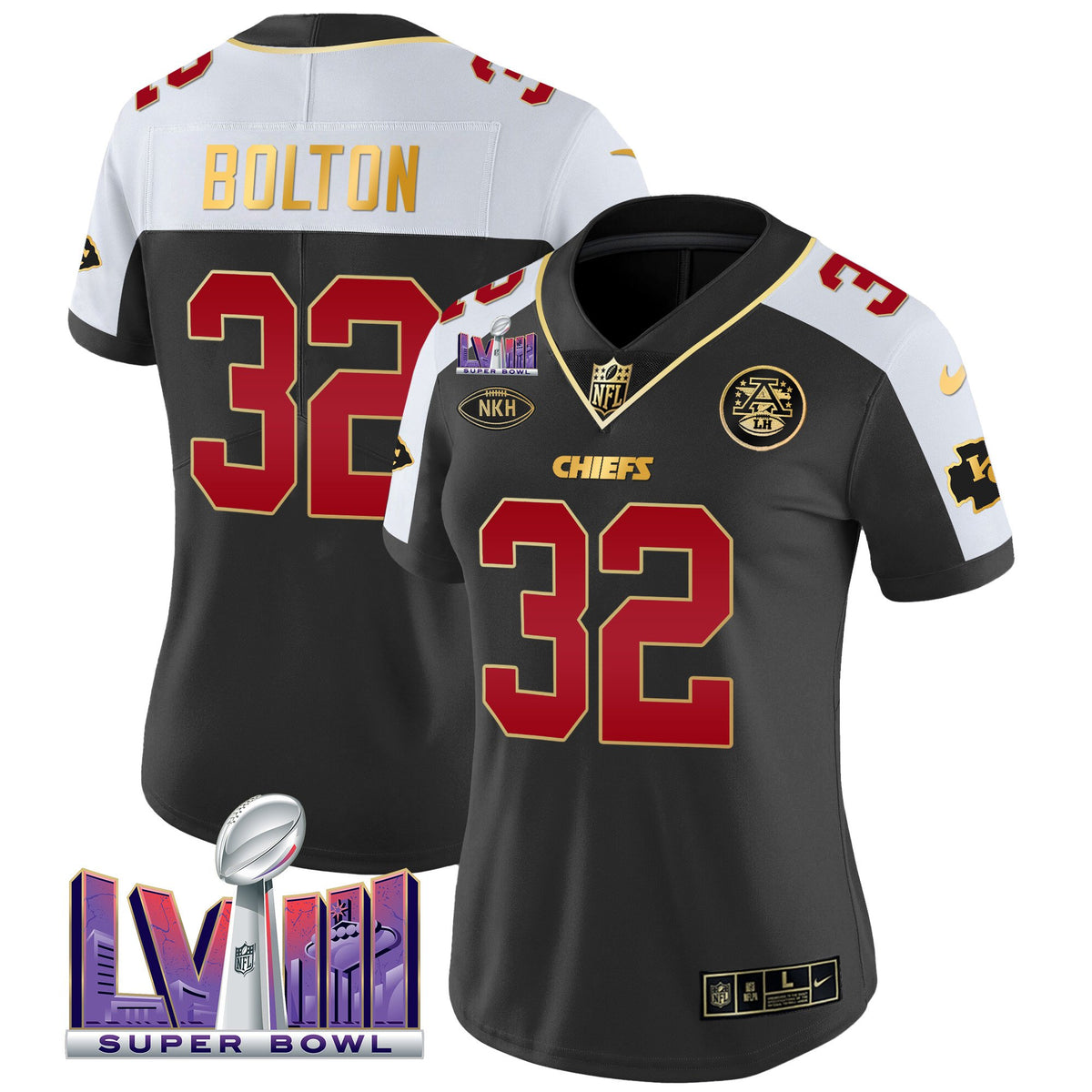 Women's Chiefs Super Bowl LVIII Patch Vapor Jersey V2- All Stitched - Black Alternate - Nick Bolton — view 1