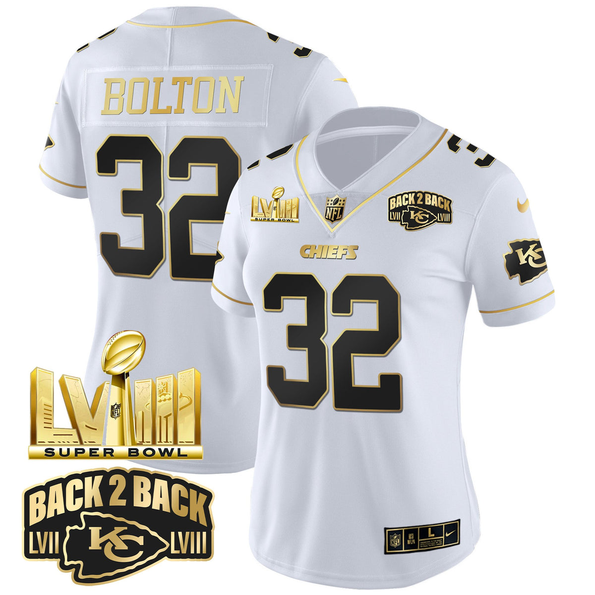 Women's Chiefs Super Bowl LVIII & Back 2 Back Gold Patch Vapor Jersey V2 - All Stitched - White Gold - Nick Bolton — view 1