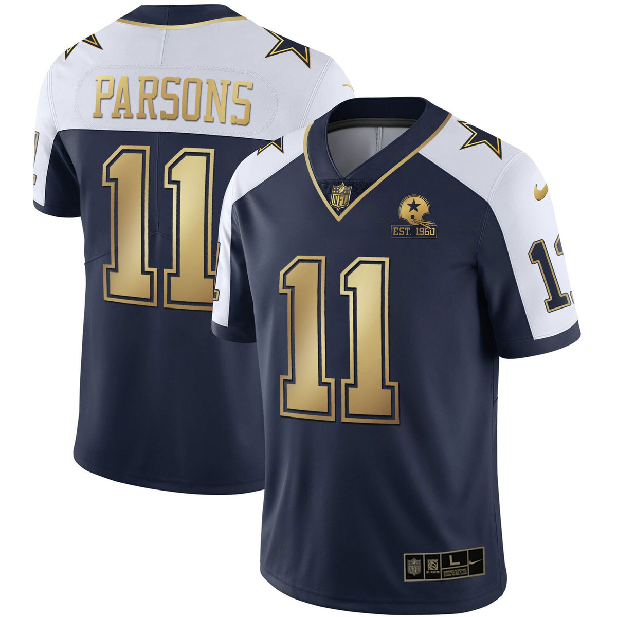 Men's Cowboys Gold & Split Vapor Est 1960 Patch Jersey - All Stitched - Navy Alternate - Micah Parsons — view 1